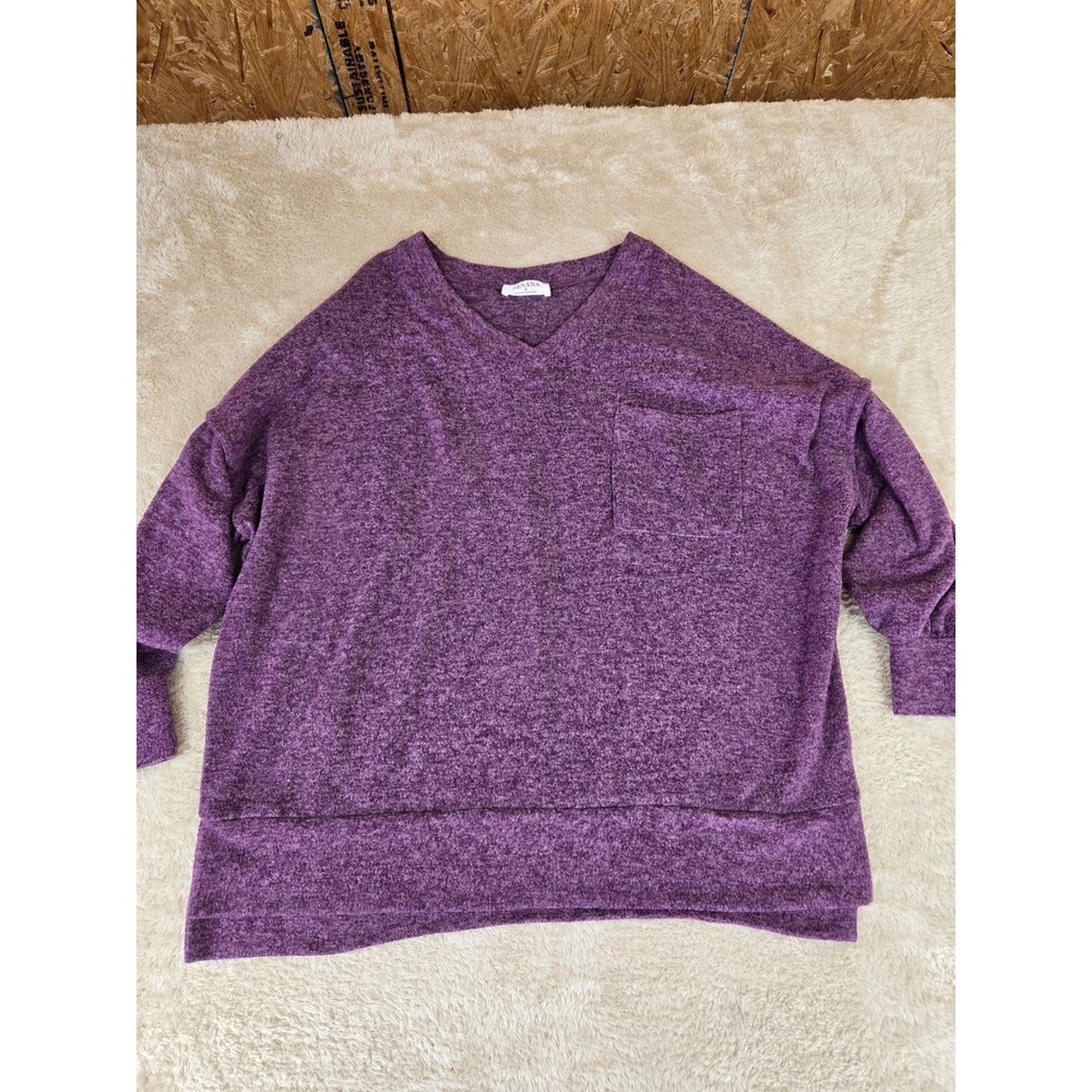Zenana Womens Purple Heathered V-Neck Oversized Pocket Sweater HT-25031 Small